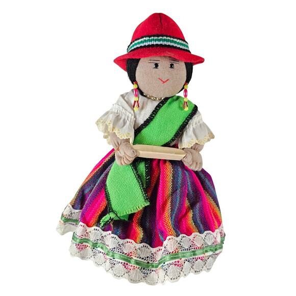 Handmade Bolivian Cloth Doll 9" Traditional Dress Red Hat Colorful Skirt & Beads - Picture 13 of 16